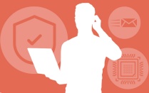 graphic of an IT staff person holding a laptop using a smartphone. 