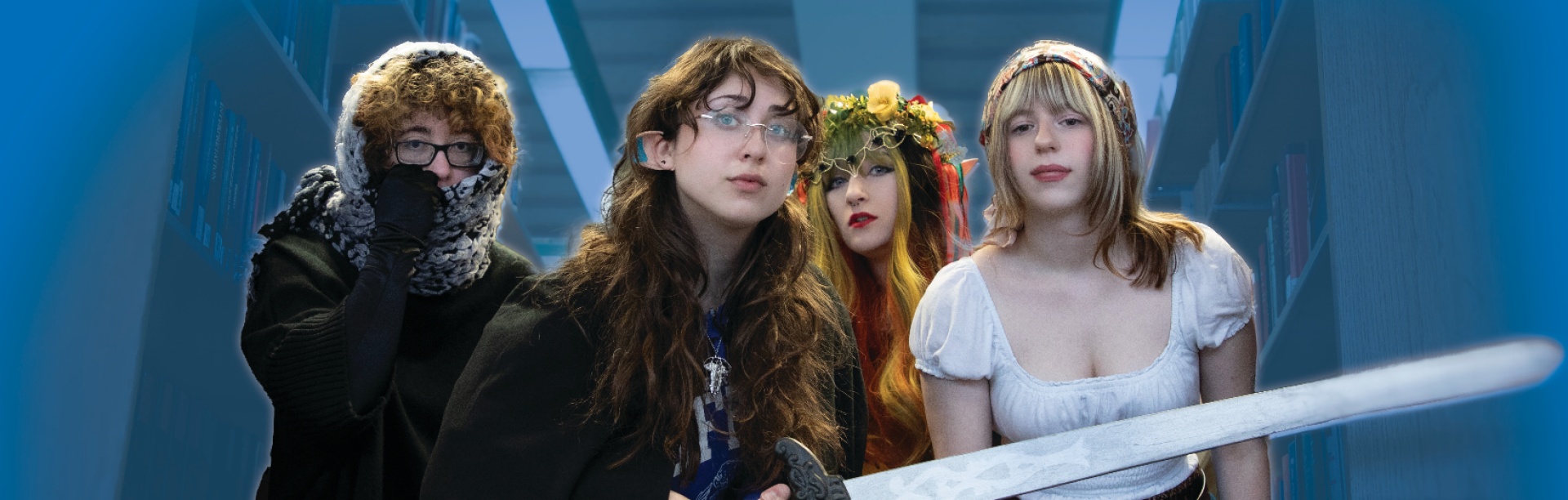 Students in medieval fantasy costumes stalk the stacks of Silverman in search of adventure. 