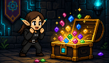 Pixel-art adventurer discovering a treasure chest filled with glowing gems, representing valuable data, digital resources, and technology services. 