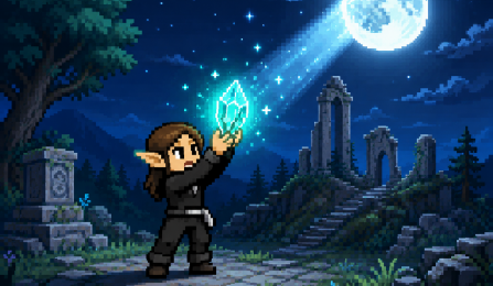 Pixel-art character holding a glowing crystal beneath moonlight in ancient ruins, representing authentication, verification, and trusted access. 
