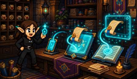 Pixel-art character in a magical library using glowing digital scrolls and books, representing online documentation, knowledge management, and information access. 