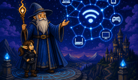 Wizard and adventurer overlooking a glowing network of connected devices and a Wi‑Fi symbol, representing wireless connectivity and communication technology. 
