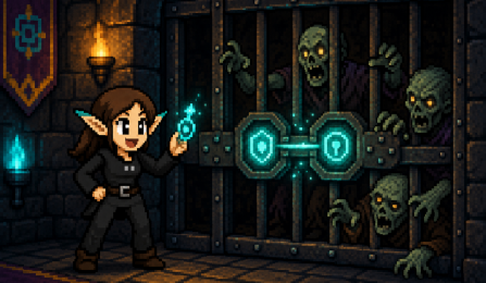 Pixel-art adventurer using a magical key to secure a gate against monsters, representing cybersecurity, identity protection, and secure access. 