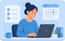 A staff member types on a laptop with a checklist and calendar behind her and a cup of coffee at her side. 