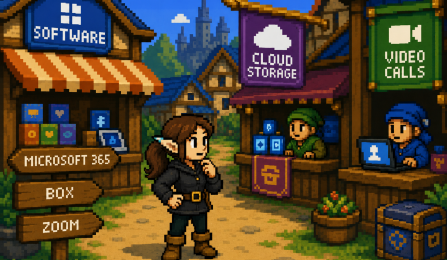 Pixel-art adventurer standing in a village marketplace with stalls labeled software, cloud storage, and video calls, representing choosing digital tools and services. 