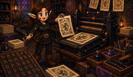 16-bit fantasy game-style image of a smiling elf apprentice printmaker in a warm, cluttered workshop. She has blue-tipped ears, ink smudges on her face and clothes, and holds a fresh printed sheet beside a large medieval printing press. The room is filled with stacks of paper, ink bottles, carved letter blocks, hanging prints, tools, lanterns, and shelves, creating the feel of a magical print shop. 