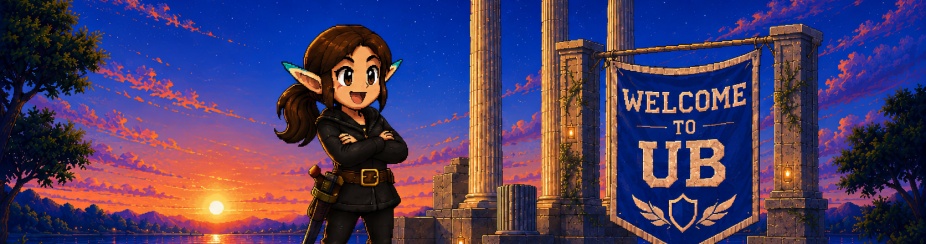 Wide 16-bit fantasy game-style hero image showing a smiling elf adventurer with bright blue-tipped ears standing confidently with arms crossed in the foreground at sunset. Behind her is a lakeside stone monument with three tall classical columns and a large blue “Welcome to UB” banner. Pixel-art game HUD elements frame the scene, including hearts and status bars at top left and a quest box at top right reading “Quest: Tech Experience” and “0 / 7 slots filled.”. 