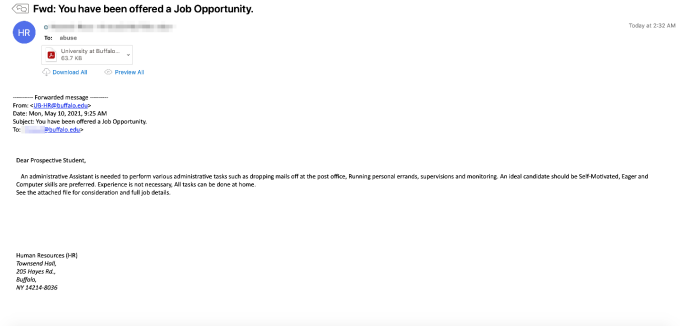 Employment scam targeting UB. 