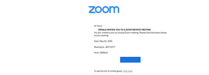 Image of a fake Zoom invitation. 