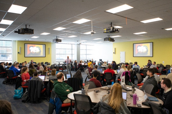 Students in the Downtown Jacobs Medical Building active learning classroom. 