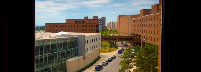 View through a window of the North Campus. 