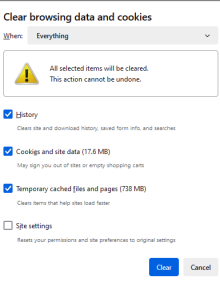 Zoom image: Change the drop-down box to Everything, then check boxes for History, Cookies and site data and Temporarily cached files and pages.