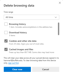 Zoom image: Select Cookies and other site data and Cached images and files, then click Clear now
