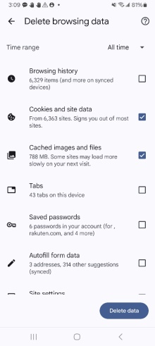 Zoom image: Select Cookies and site data and Cached images and files, then click Delete data