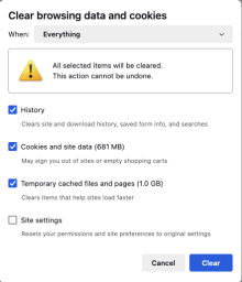 Zoom image: Change the drop-down box to Everything, then check boxes for History, Cookies and site data and Temporarily cached files and pages.