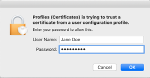 Enter your device User Name and Password to trust the certificate and click OK. 