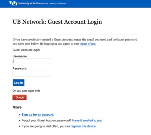 Zoom image: Enter your guest username and password in their respective fields, then click Log In. If you need to connect for a longer period of time, click Register this device, then log in using your username and password and enter the device and its mac address and click Create Device
