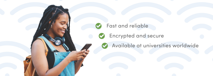 Young woman uses cell phone contendedly. Text reads: - Fast and reliable - Encrypted and secure - Available at thousands of universities worldwide. 