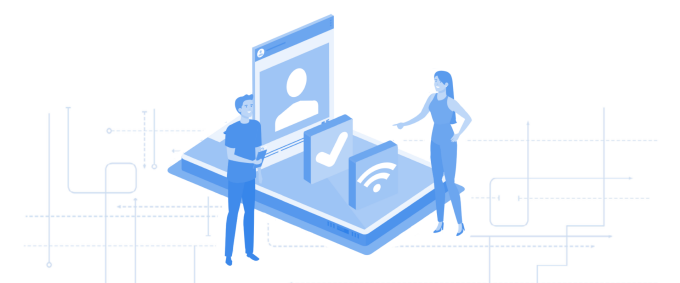 An illustration of a man and a woman accessing a Wi-Fi network. 
