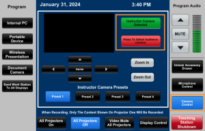 Zoom image: Crestron panel showing which of two cameras is selected