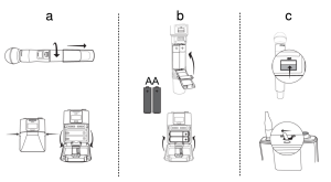 Zoom image: diagram showing how the batteries are oriented in the microphone. Both batteries are oriented in the same direction. Open the battery compartment (a), remove old batteries, place new batteries in with both in the same orientation (b), and close the battery compartment (c).