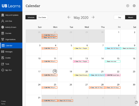 Screen shot of the Calendar page in Ultra Base Navigation showing the month view. 