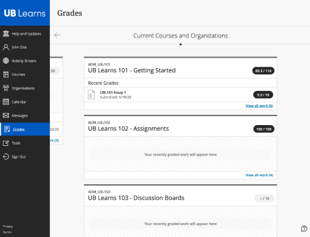 Screen shot of the Grades page in Ultra Base Navigation. 