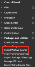 Location of Export/Archive Course feature in UB Learns. 