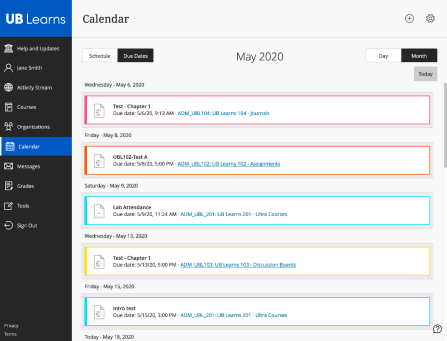 Screen shot of the Calendar page in Ultra Base Navigation showing the due dates view. 