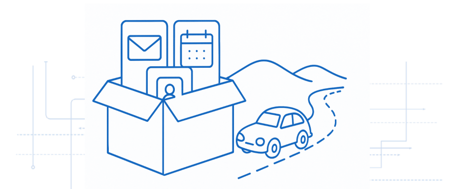 A line drawing in landscape format showing an open cardboard box filled with three icons—an envelope for email, a calendar, and an address book for contacts—beside a simple car driving along a dotted road that winds toward gentle rolling hills on a white background. 