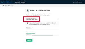 Important: Change the key protection algorithm to Compatible TripleDES-SHA1, then enter a password and confirm it and click Download. 