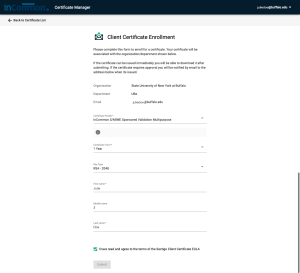 Leave certificate profile. Choose Certificate Term (1 or 2 years), choose key type. Default is sufficient for most, Fill in your first and last name, check the box that you agree to the terms, click Agree in the popup box, then click Submit. 