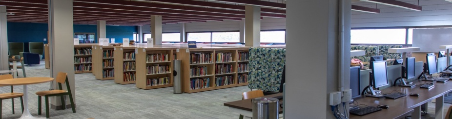Lockwood 2nd floor library with comfortable seating and computers. 