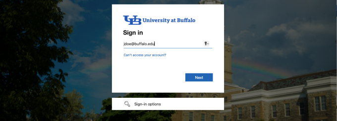 login screen where you are prompted to enter your UB email address and click Next. 