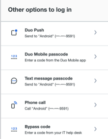 Zoom image: Screen shot: Other options to log in (Duo Push, Duo Mobile passcode, Text message passcode, etc.)