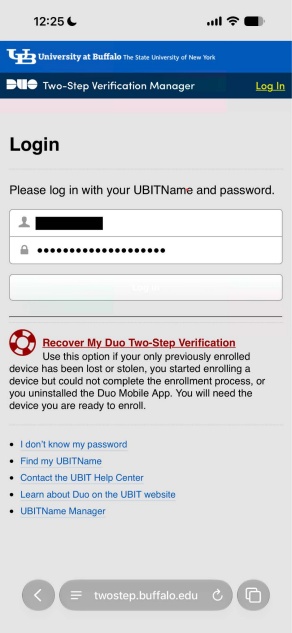 twostep.buffalo.edu screen: log in with your UBITName and password. 