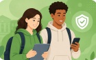 Two students look at their devices. 