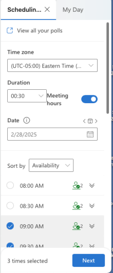 Select poll options from available times. To change dates, click the calendar or else flip through the days that week by clicking the icon to the right of the Date label. 