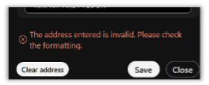 Zoom image: If the address is invalid, you will see an error message that the address entered is invalid.