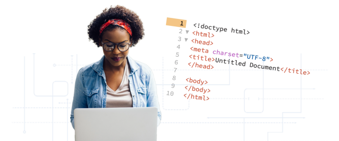 A young woman types on a laptop, while HTML code is displayed in the background. 