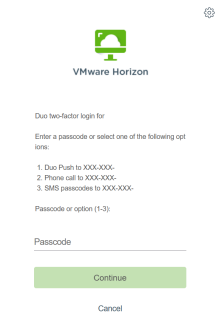 Screen capture showing Duo authentication options (Duo Push, Phone call, SMS passcodes). 