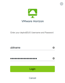 VMware login screen displaying UBITName and password fields. 