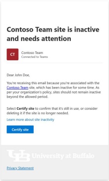Contoso Team site is inactive and needs attention - click Certify site. 