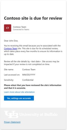 Contoso site is due for review - confirm if accurate by clicking Yes, settings are accurate. 