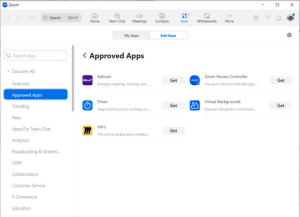 Screen capture showing the approved apps in Zoom's Apps tab that are available for you to get. 