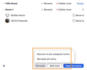 Click Recreate> Recover to pre-assigned rooms. 