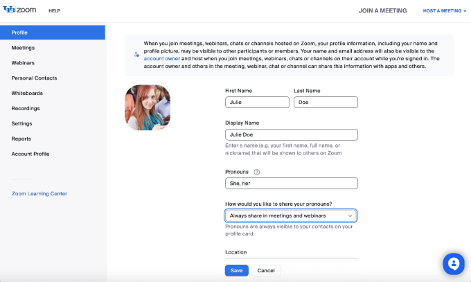 Enter First Name, Last Name, Display Name and Pronouns. Choose when to display pronouns. 