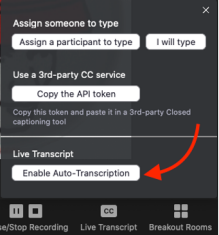 Zoom image: Find the Enable Auto Transcription setting in Zoom