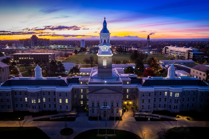 Aerial view of Hayes Hall at sunrise. 