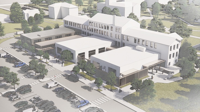 Rendering of an aerial view of a renovated Parker Hall. 